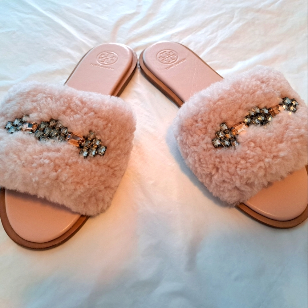 Tory Burch pink fuzzy slides